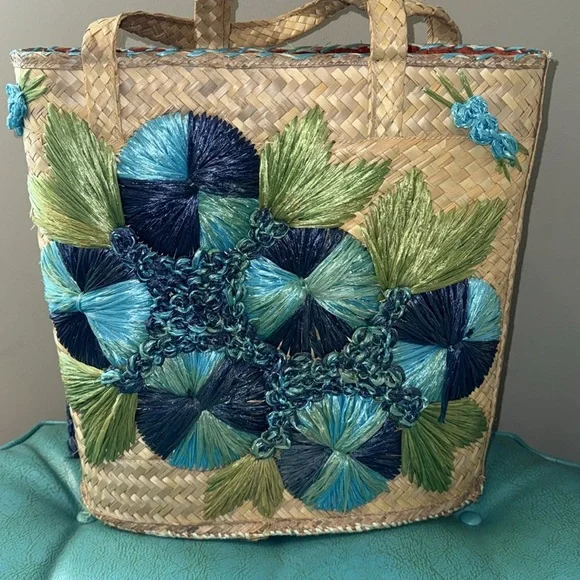 Vintage oversized large gorgeous turquoise blue flower raffia basket beachy bag - Picture 14 of 14